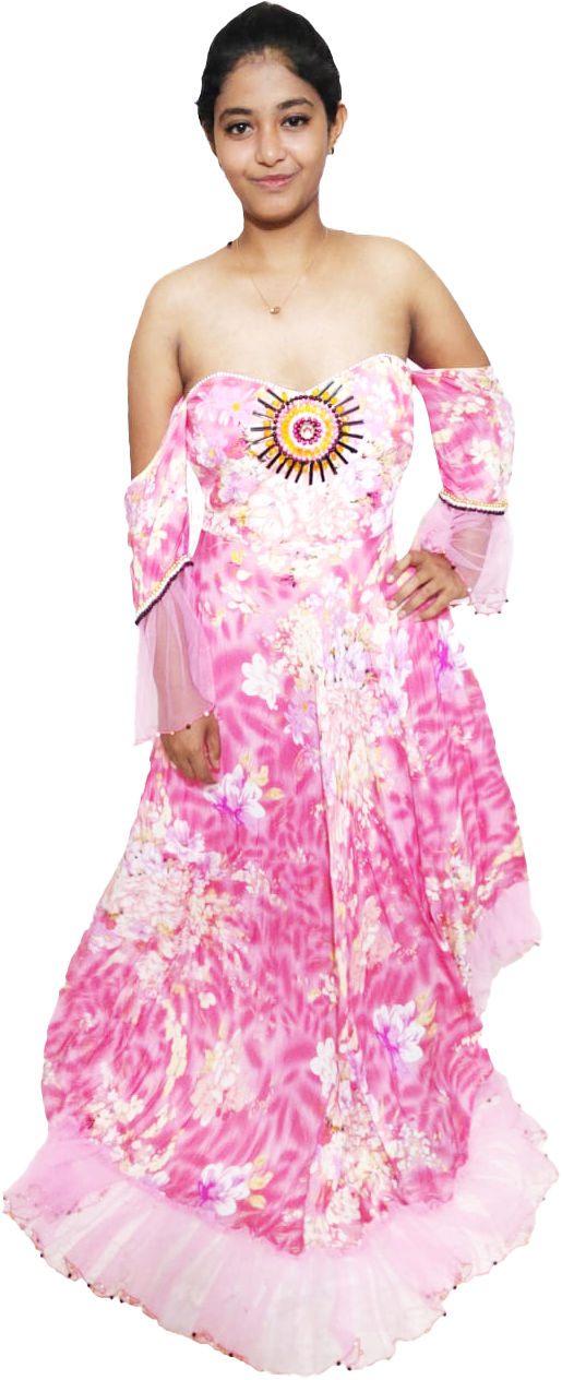A woman wearing an off-shoulder pink gown Handmade beaded decorative with white patterns and beaded details.