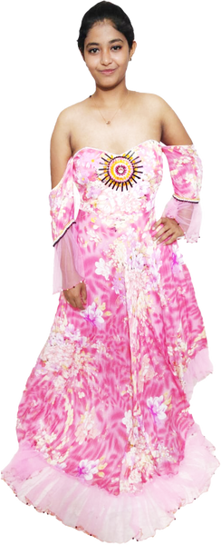 A woman wearing an off-shoulder pink gown Handmade beaded decorative with white patterns and beaded details.