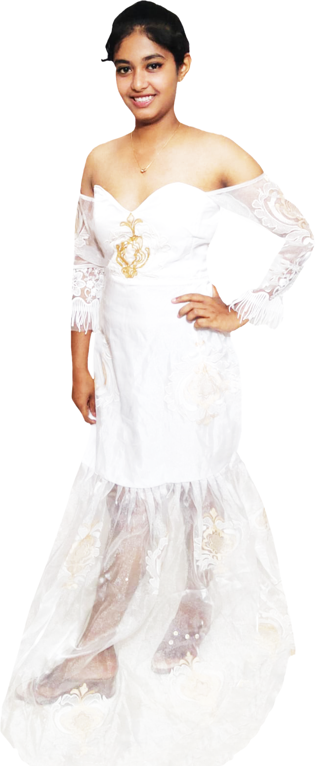 Woman wearing a white off-shoulder dress with floral patterns on a white background