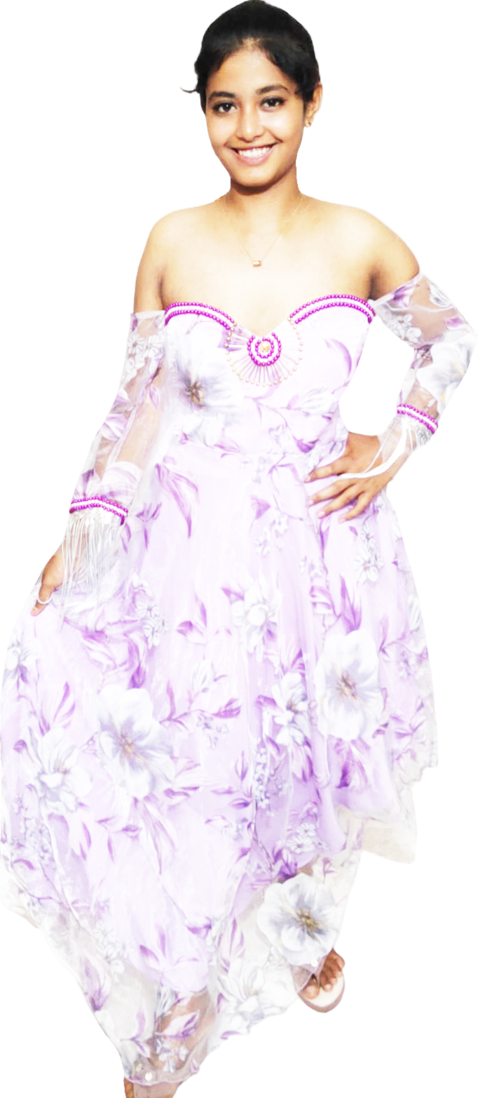 Woman wearing a strapless floral dress with purple accents on a white background