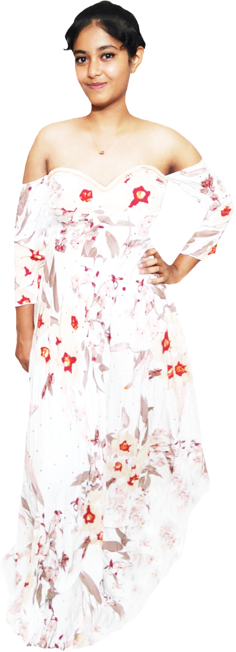 Off Shoulder V Neck Off White Floral Pattern & Pearl Embellishment