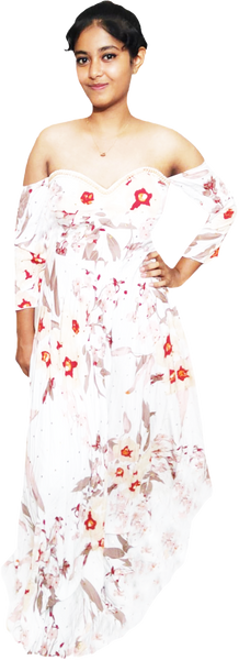 Off Shoulder V Neck Off White Floral Pattern & Pearl Embellishment