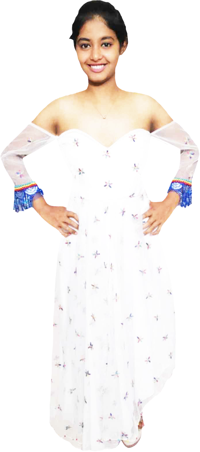 White off-shoulder dress with colorful arm sleeves white beaded floral on a white background