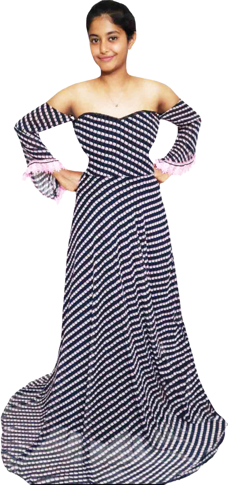 Off-Shoulder Black And Pink Striped  On A White Back Ground