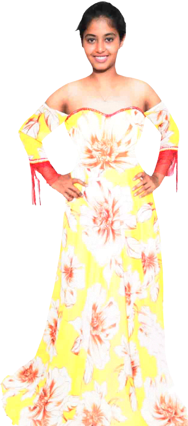 Off Shoulder Floral Yellow And Red Printed Gown With Red Beaded Trim