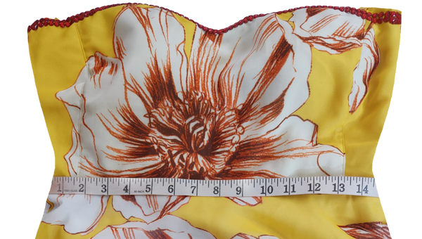 Off Shoulder Floral Yellow And Red Printed Gown With Red Beaded Trim