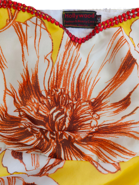 Off Shoulder Floral Yellow And Red Printed Gown With Red Beaded Trim