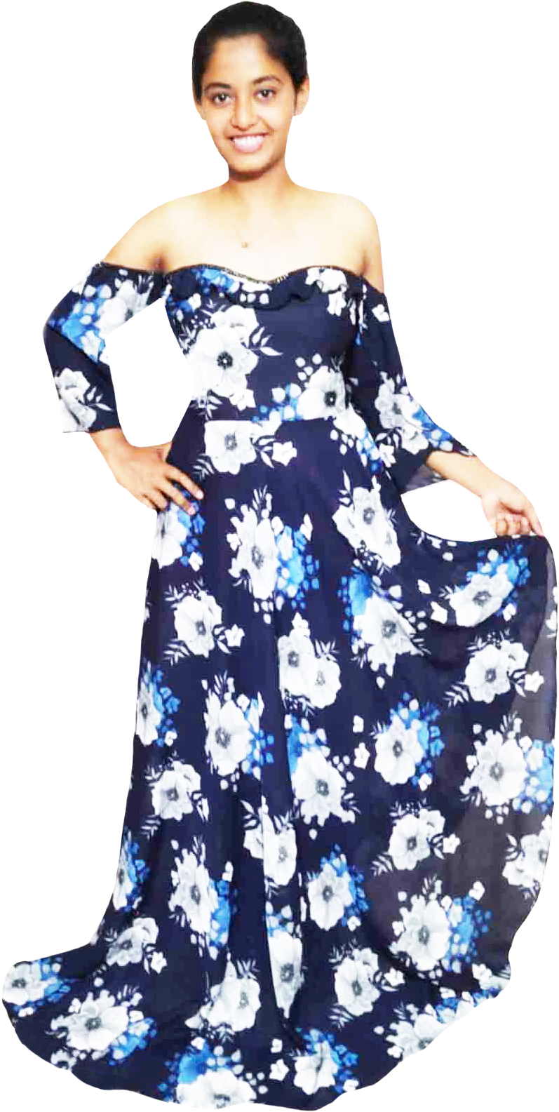 White & Blue Floral Off-Shoulder Exclusive Beaded Accomplishment