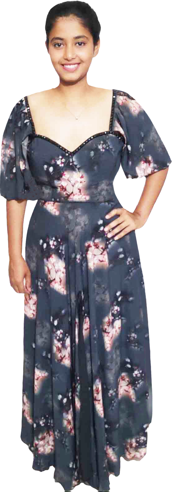 V Neck Half Sleeve  Floral Black Beaded Cherry Blossom Design Dress