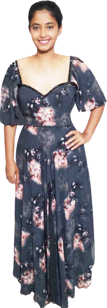 V Neck Half Sleeve  Floral Black Beaded Cherry Blossom Design Dress