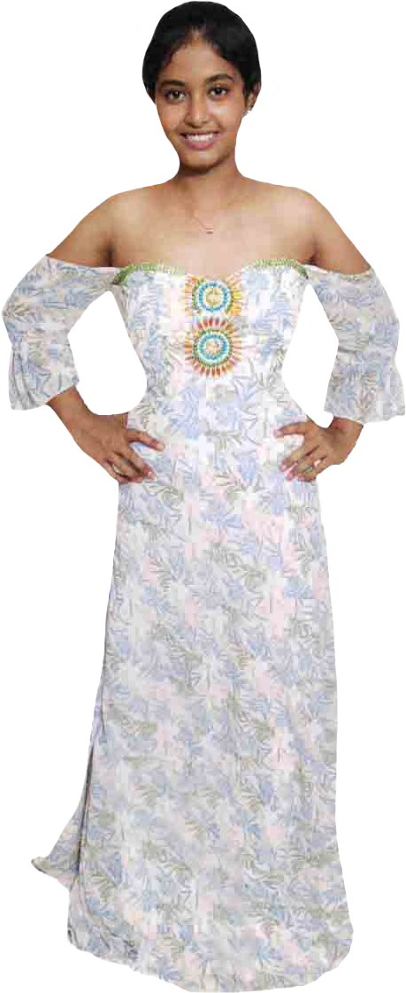 Off Shoulder Handmade Beaded Decorative Floral Design On Printed Apparel