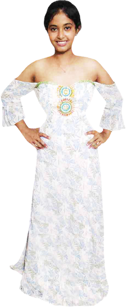 Off Shoulder Handmade Beaded Decorative Floral Design On Printed Apparel