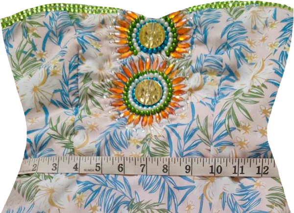 Off Shoulder Handmade Beaded Decorative Floral Design On Printed Apparel