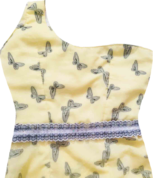 One Shoulder Yellow Beaded Butter Fly Design With Matching Lace.