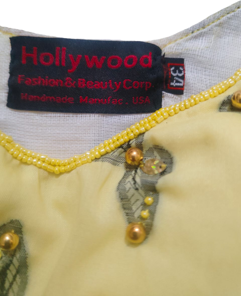 One Shoulder Yellow Beaded Butter Fly Design With Matching Lace.