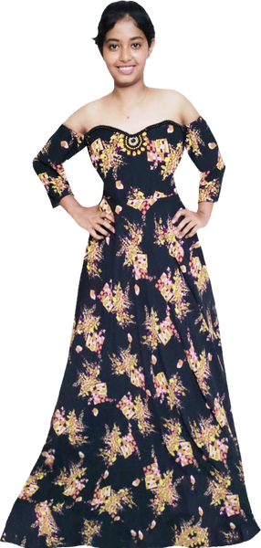 Off Shoulder Floral Gold & Purple Geometric Pattern Artistic Embellishment