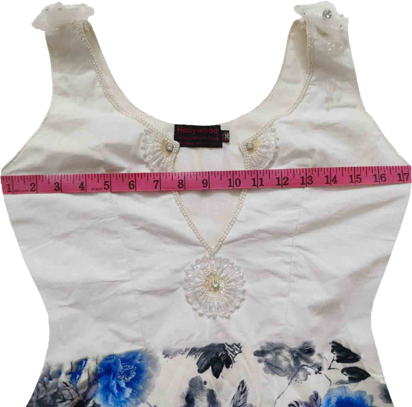 White Top Floral Blue Pearl Beaded Long Width Embellishment