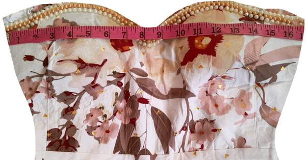 Off Shoulder V Neck Off White Floral Pattern & Pearl Embellishment