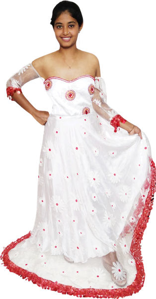 Off Shoulder White & Red Matching Crystal & Pearl Beaded Floral Embellishment