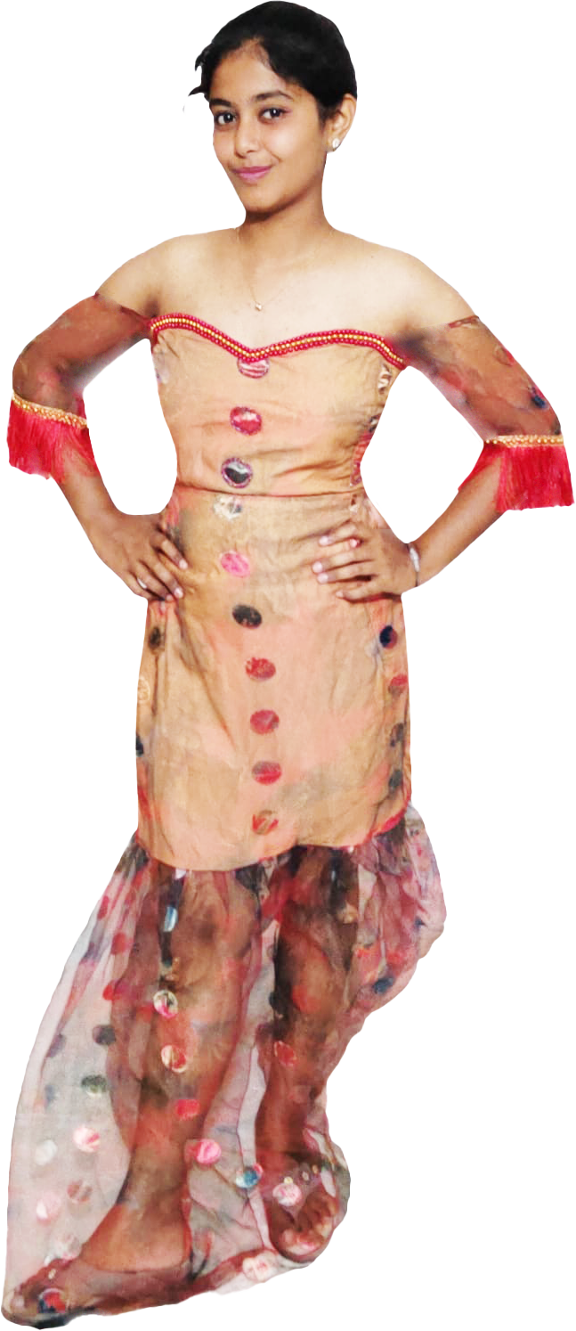 Off Shoulder Traditional Outfit With A Beige Red & Gold Beaded Top And Colorful Skirt