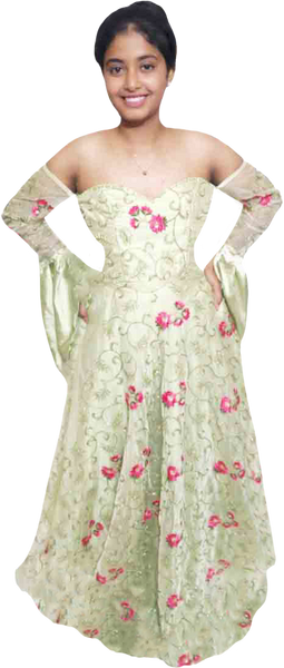 Off Shoulder Light Green Floral Design Fancy Hand Embroidered Beaded Dress