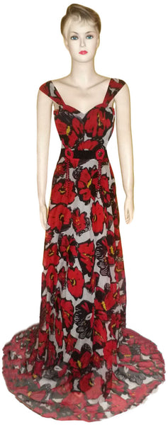 Pearl & Crystal Beaded Floral Printed Chiffon Gown. Medium