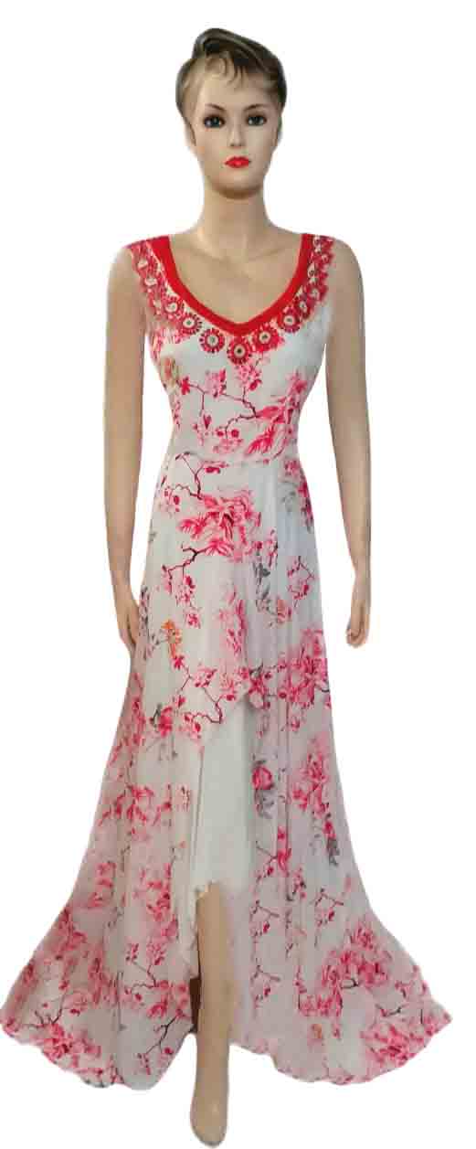Sleeveless Crystal Beaded Floral Gown. Medium