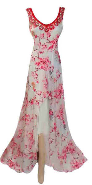 Sleeveless Crystal Beaded Floral Gown. Medium
