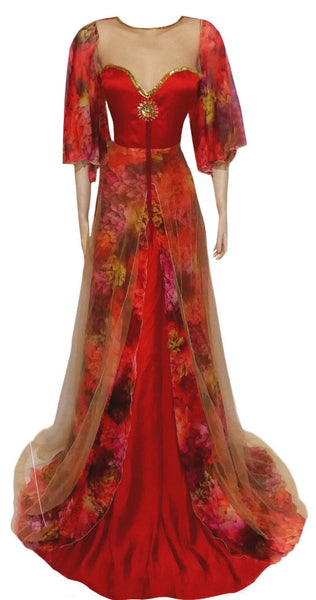 Crystal & Pearl Beaded Sateen Chiffon Net Gown. Medium