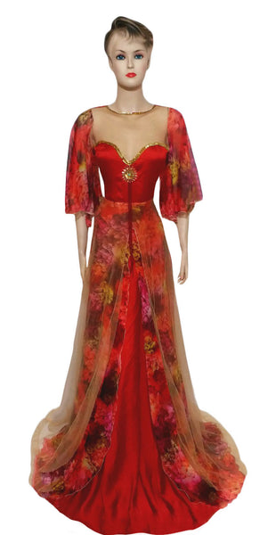 Crystal & Pearl Beaded Sateen Chiffon Net Gown. Medium