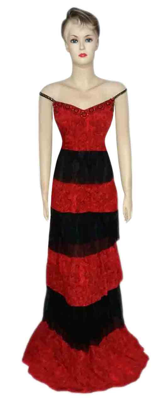 Sleeveless Black & Red Crystal & Pearl Beaded Gown. Medium.