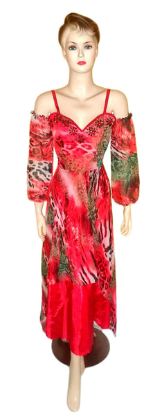 Off Shoulder Crystal Beaded Silk Chiffon Gown. Medium