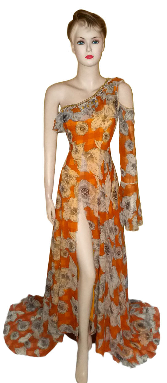 One Shoulder Crystal & Pearl Beaded Fabulous Royal Chiffon Gown. Medium