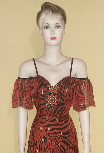 Off Shoulder Crystal & Pearl Beaded Needle Work Chiffon Gown. Medium