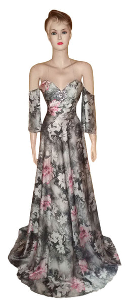 Off Shoulder Crystal & Pearl Beaded Silk Gown. Medium