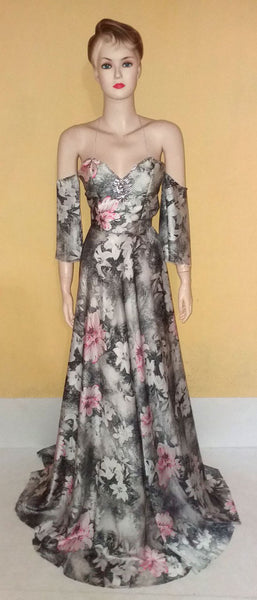 Off Shoulder Crystal & Pearl Beaded Silk Gown. Medium