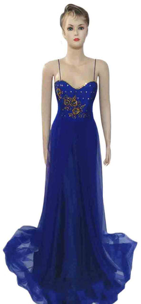 Sleeveless Beaded Blue Silk Gown. Small, Medium