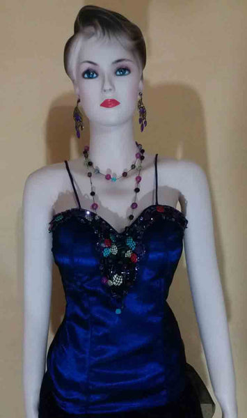 Sleeveless Multi Colored Beaded Designer Evening Silk Dress. Medium