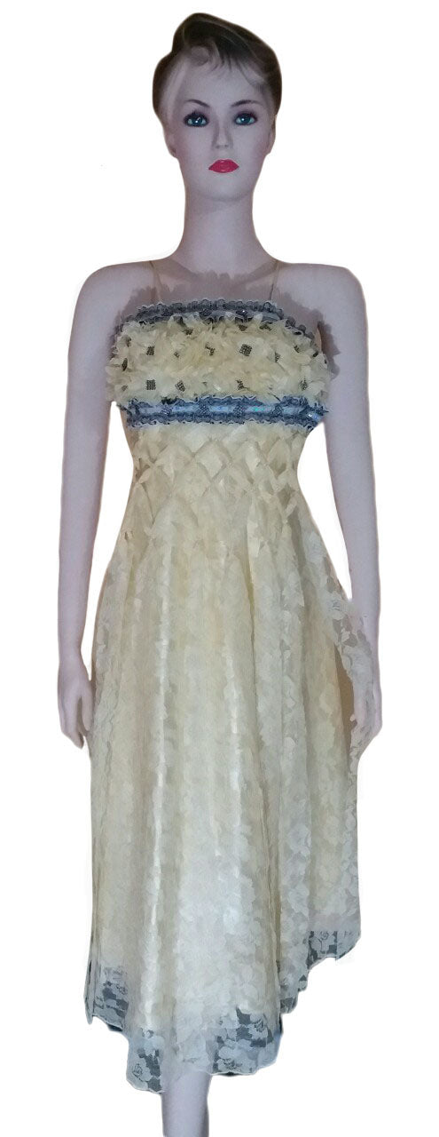 Sleeveless Hand-Stitched Golden Cream Silk Lace Designer Dress. Small