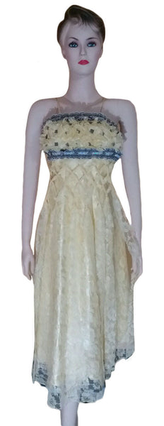 Sleeveless Hand-Stitched Golden Cream Silk Lace Designer Dress. Small