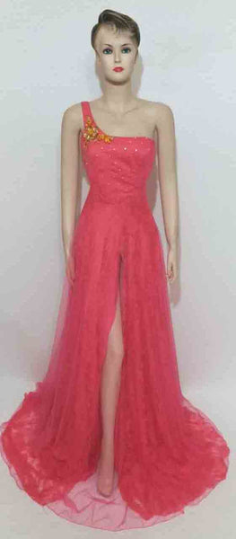 One Shoulder Crystal Beaded Silk Net Katan Royal Gown, Medium.