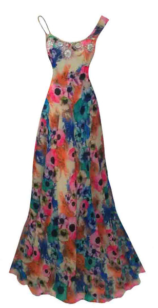 One Shoulder Artful Crystal Beaded Designer Gown. Medium