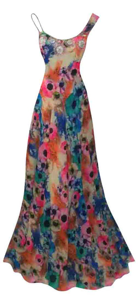 One Shoulder Crystal Beaded Chiffon Gown. Medium.