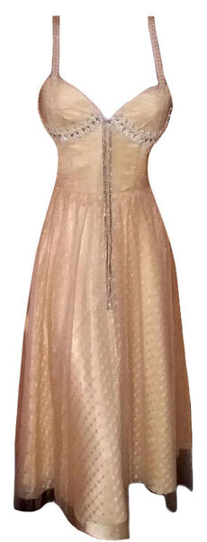 Sleeveless Crystal & Pearl Beaded Sateen Silk Net Dress. Medium