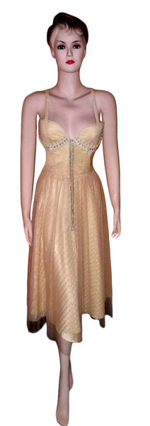 Sleeveless Crystal & Pearl Beaded Sateen Silk Net Dress. Medium