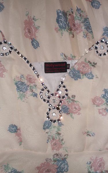 Off Shoulder Artful Crystal Beaded Printed Gown. Medium