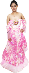 A woman wearing an off-shoulder pink gown Handmade beaded decorative with white patterns and beaded details.