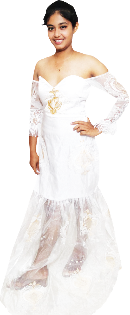 Woman wearing a white off-shoulder dress with floral patterns on a white background