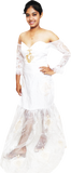 Woman wearing a white off-shoulder dress with floral patterns on a white background