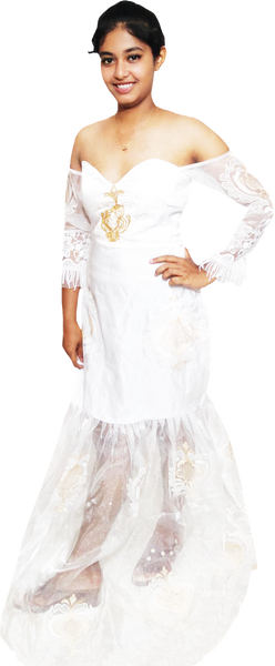 Woman wearing a white off-shoulder dress with floral patterns on a white background